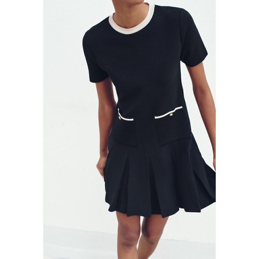 Zara Womens Dress S Small Mini Black Knit Pleated Short Sleeve 3859/125 NWT